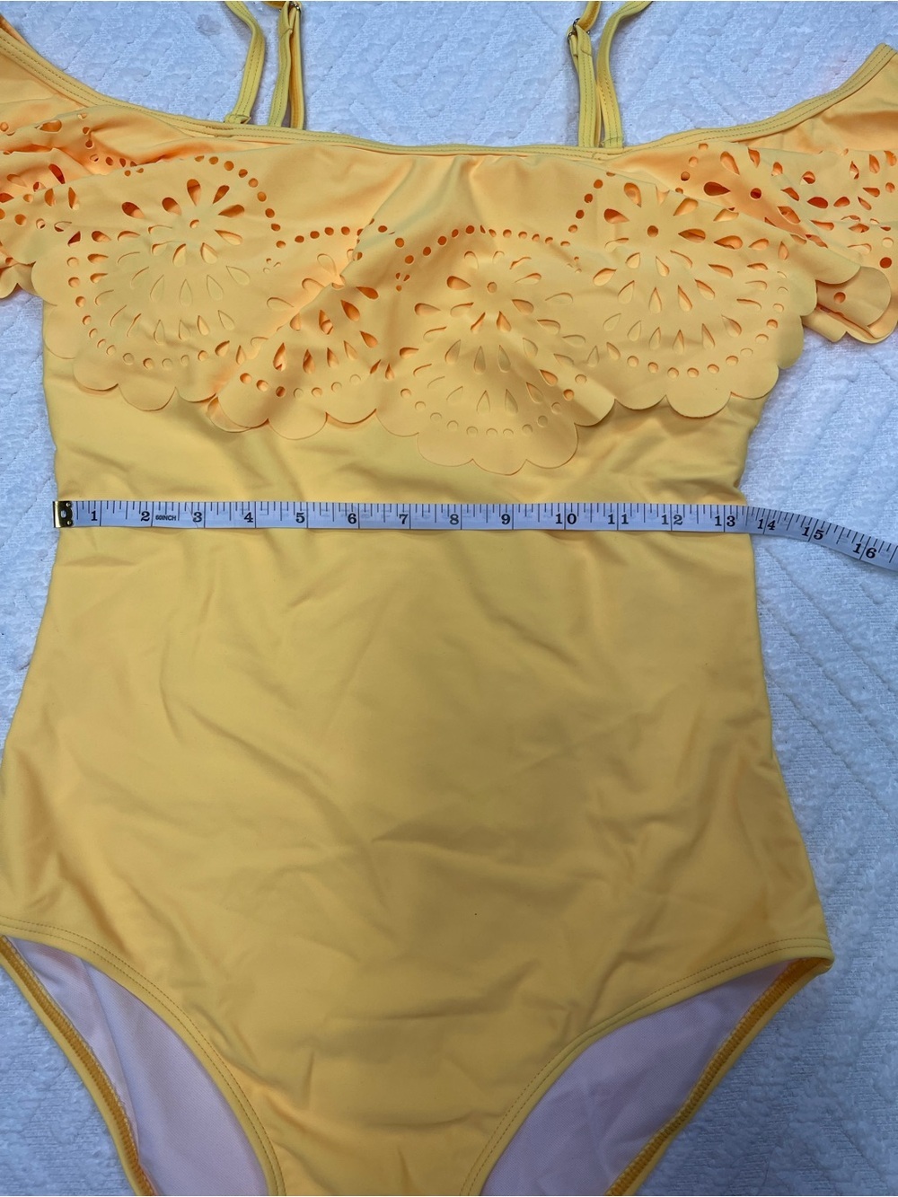 Holipick Yellow Off-the-Shoulder One-Piece Swimsuit with Eyelet Ruffle Size L - Picture 12 of 15
